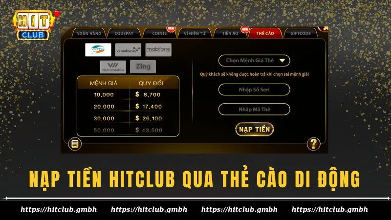 Nạp tiền HIT CLUB qua thẻ cào di động