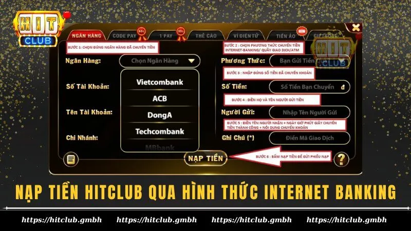 Form nạp tiền HITCLUB qua tài khoản ngân hàng trực tuyến